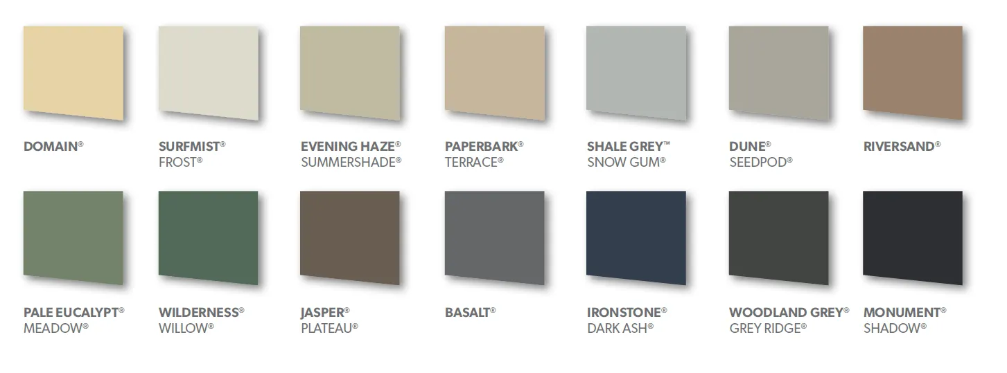 COLORBOND® colour chart: Domain, Surfmist, Evening Haze, Paperbark, Shale Grey, Dune, Riversand, Pale Eucalypt, Wilderness, Jasper, Basalt, Ironstone, Woodland Grey and Monument