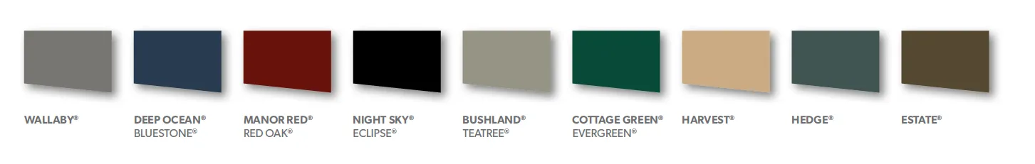 More COLORBOND® colours: Wallaby, Deep Ocean, Manor Red, Night Sky, Bushland, Cottage Green, Harvest, Hedge and Estate